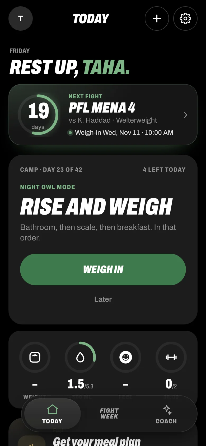FITEWEEK Today: next fight in 19 days, one thing to do now, and four circles to log weight, water, feel and training